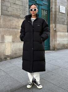 DAZY 女士字母印花加厚长款休闲冬季外套 - 黑色 - 查看 6
