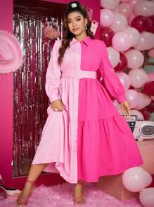 Calvaya Plus Two Tone Ruffle Hem Belted Shirt Dress - Hot Pink - View 6