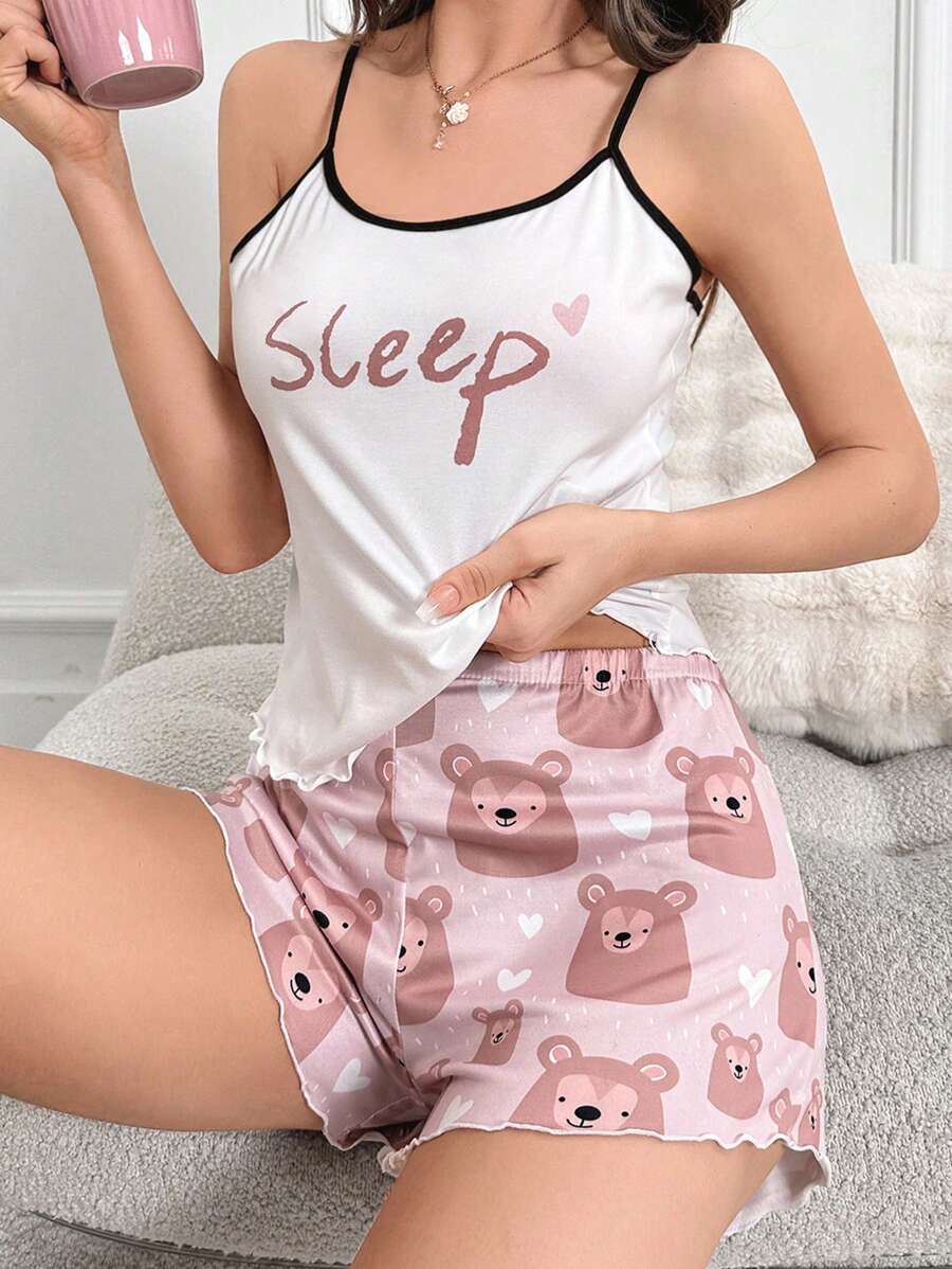 Bear & Letter Graphic Contrast Binding Cami Top & Shorts PJ Set - Multicolor - View 1