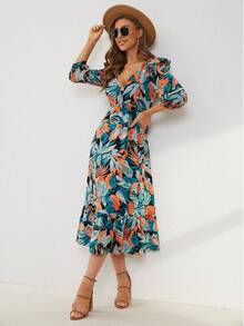 Tropical Print Ruffle Trim Lantern Sleeve Ruffle Hem Dress - Green - View 3