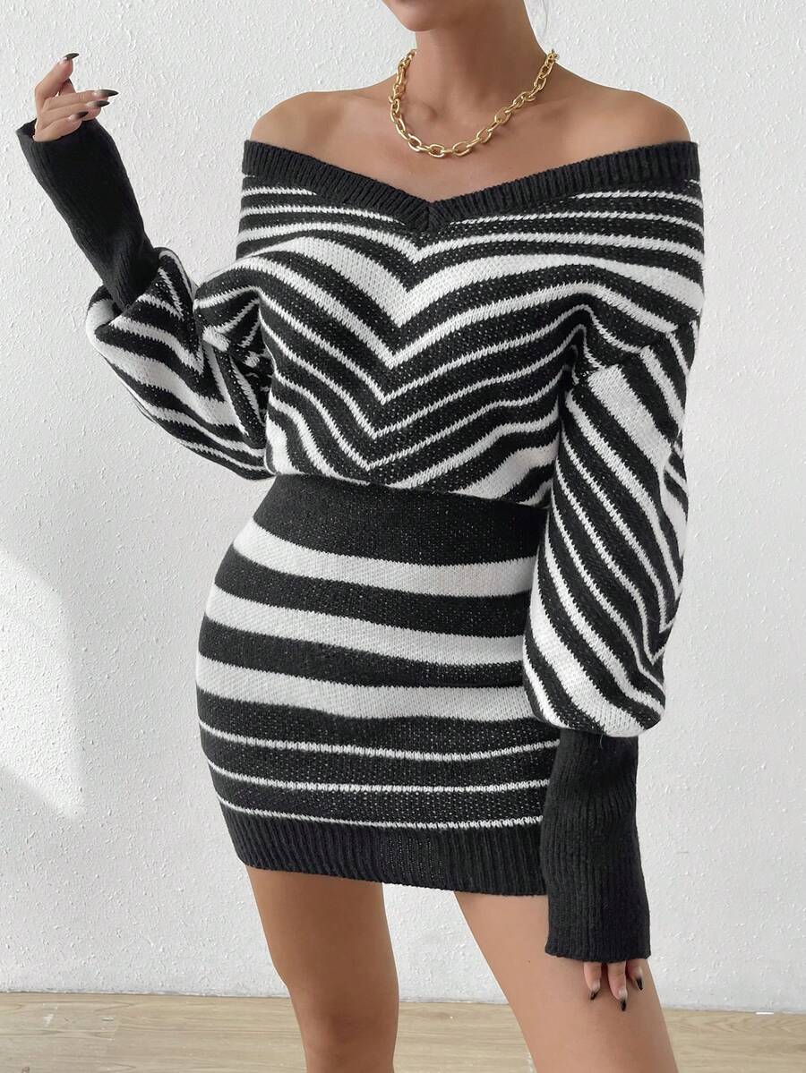 SHEIN LUNE 條紋圖案一字肩毛衣洋裝 - 彩色 - 查看 1
