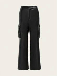 SHEIN EZwear 休閒鈕扣 口袋 拉鍊純色女士長褲 - 黑色 - 查看 1