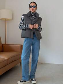 DAZY Zip Up Puffer Vest Pockets Coat - Grey - View 7