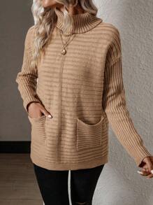 SHEIN Essnce Turtleneck Dual Pocket Drop Shoulder Sweater - Khaki - View 1
