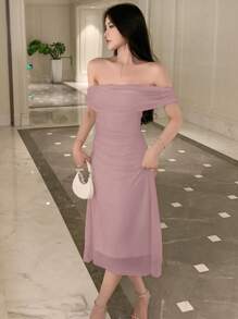 DAZY Đầm suông Bardot nhún bèo bên hông Đầm dạ hội Đầm suông hở vai Đầm thanh lịch cho nữ - Hồng - Xem 5