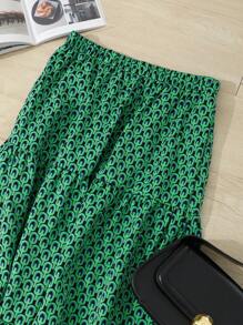 DAZY 印花开衩大腿荷叶边裙摆半身裙（无腰带） - 綠色 - 查看 3