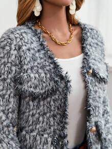 SHEIN Privé Marled Knit Flap Detail Button Front Cardigan - Black and White - View 5