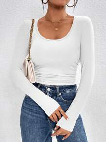 SHEIN PETITE 素色大圓領側收褶T恤 - 白色 - 查看 1