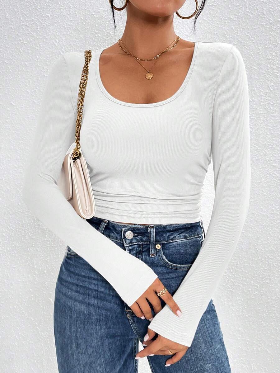 SHEIN PETITE 素色大圓領側收褶T恤 - 白色 - 查看 1