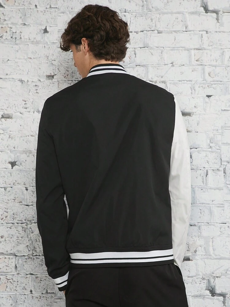Loose Fit Men's Letter Patched Striped Trim Colorblock Varsity Jacket