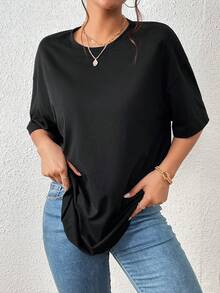 SHEIN Essnce Letter Graphic Drop Shoulder Tee - Black - View 4