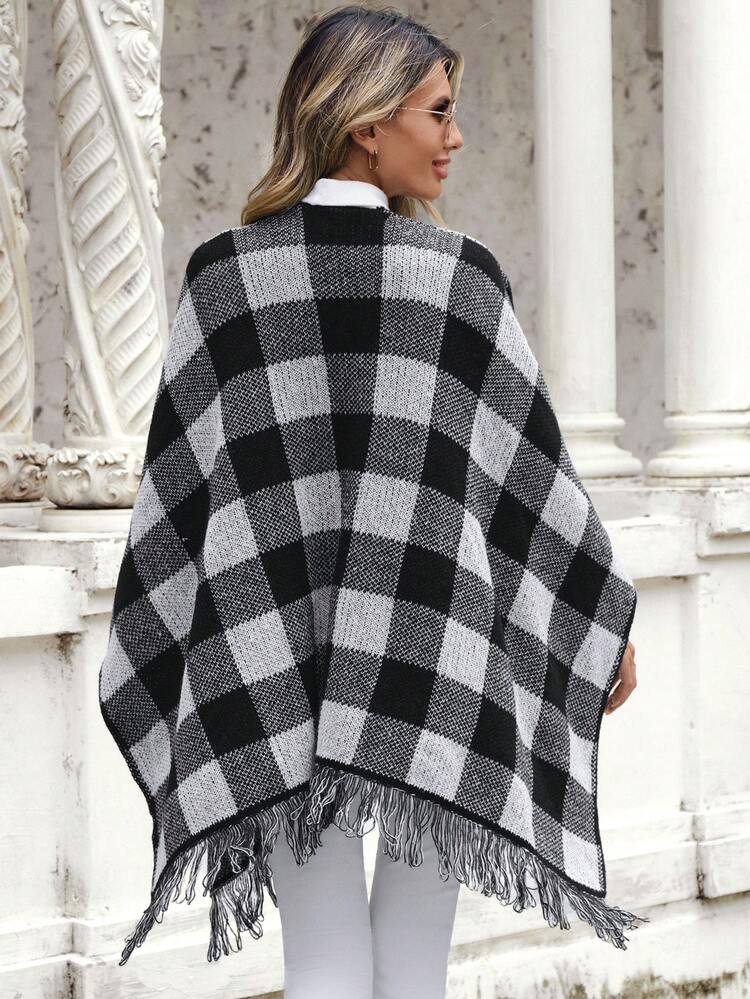 Gingham Pattern Fringe Trim Batwing Sleeve Cardigan