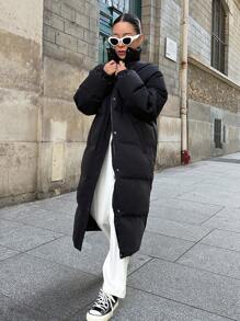 DAZY 女士字母印花加厚长款休闲冬季外套 - 黑色 - 查看 4