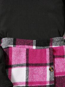 青少年女孩小高領T恤&格紋印花不對稱下擺半身裙&帽 - 黑色 - 查看 6