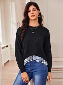 SHEIN Frenchy 流蘇下擺落肩袖套頭毛衣 - 黑色 - 查看 6