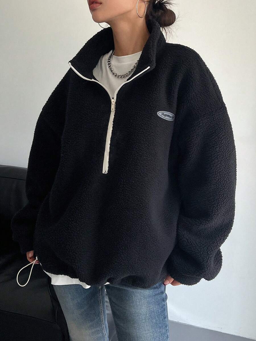 DAZY Letter Patched Detail Drop Shoulder Drawstring Hem Teddy Sweatshirt,Long Sleeve Tops,Fall Women Clothes