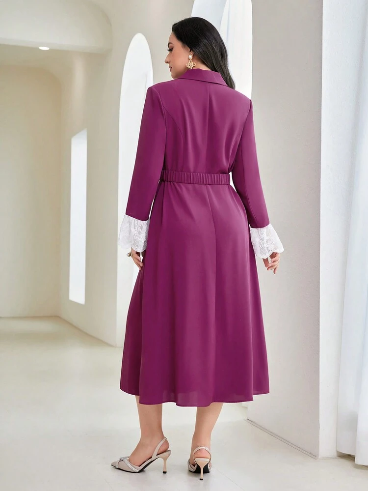 Plus Lapel Collar Contrast Lace Flounce Sleeve Belted Dress Dress For Churches