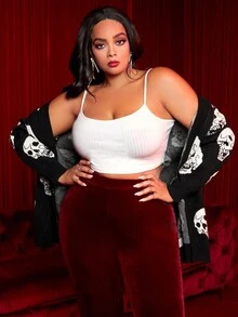 SHEIN SXY Áo khoác cardigan hở vai họa tiết đầu lâu cỡ lớn - màu đen - Xem 4