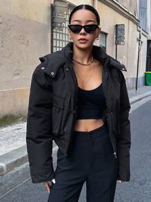 DAZY Abrigo con bolsillos con solapa y hombros caídos, abrigo de invierno para mujer - Negro - Ver 6