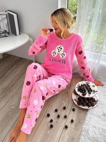 RueChic Letter & Cartoon Graphic Flannel PJ Set - Pink - View 4
