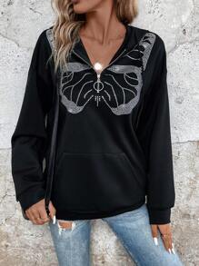 SHEIN LUNE 蝴蝶印花袋鼠口袋落肩半拉鍊連帽衫 - 黑色 - 查看 1