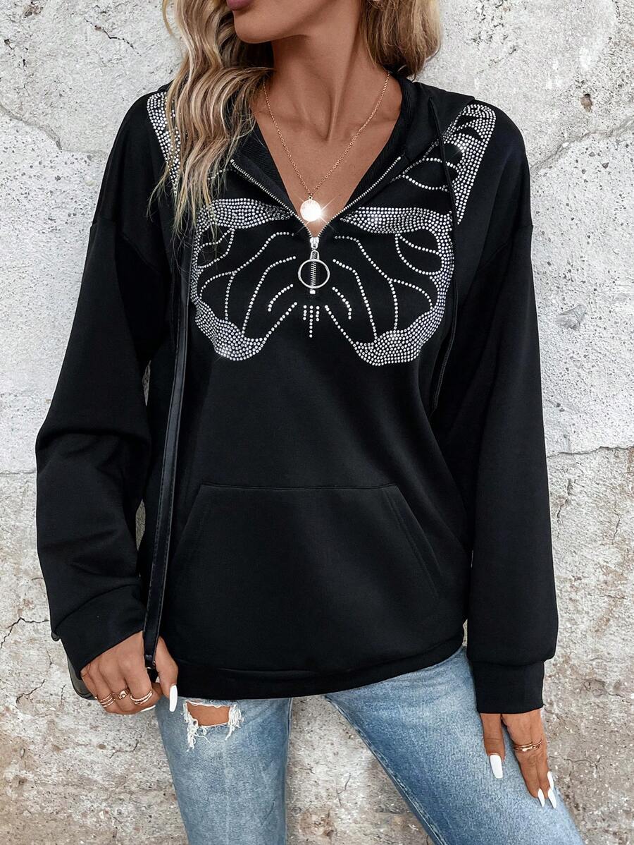 SHEIN LUNE 蝴蝶印花袋鼠口袋落肩半拉鍊連帽衫 - 黑色 - 查看 1