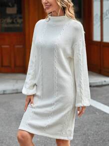 EMERY ROSE 小高領落肩袖麻花編織毛衣洋裝 - 白色 - 查看 5