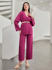 Seusyu Lapel Neck Double Button Blazer & Pants - Hot Pink - View 4