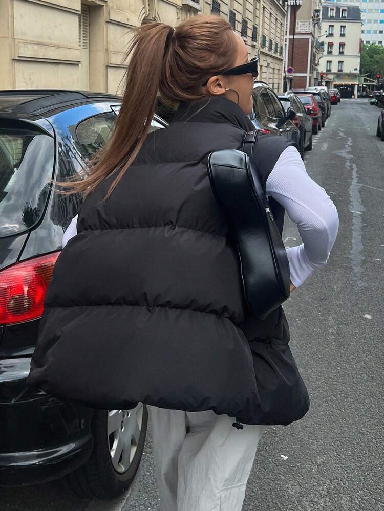 Zip Up Slant Pocket Vest Padded Thick Pockets Coat, Women Winter Coat Jacket
