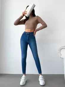 EURMUSE Pocket Detail Skinny Cropped Jeans - Blue - View 5