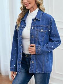EMERY ROSE Pearls Beaded Flap Detail Denim Jacket - Blue - View 6