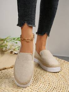 新品到貨女性透氣漁夫鞋,一腳蹬風格,厚下裝,編織草編和亚麻,休閒鞋 - 米色 - 查看 6