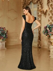 Missord Ruffle Trim Sequin Formal Dress - Black - View 2