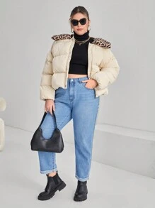 SHEIN Essnce Plus Geo Print Collar Padded Coat - Apricot - View 3