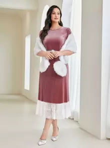 Modelyn Plus Contrast Lace Ruffle Hem Velvet Dress - Dusty Pink - View 1