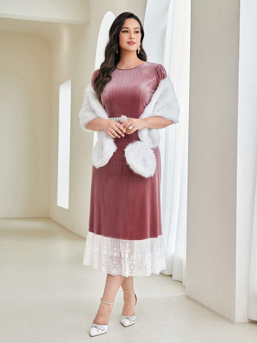 Modelyn Plus Contrast Lace Ruffle Hem Velvet Dress - Dusty Pink - View 1