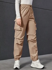 Teen Girl Flap Pocket Side Cargo Pants - Khaki - View 1