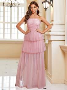 SHEIN Belle Ruched Bust Layer Hem Mesh Tube Bridesmaid Dress - Dusty Pink - View 1
