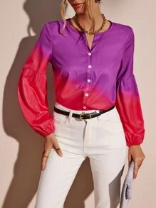 SHEIN LUNE In Ombre Tay áo lồng đèn Nút phía trước Áo sơ mi - Màu tím - Xem 3