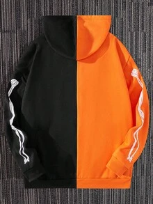 Manfinity Roghcode Men Plus Halloween Skeleton Print Two Tone Drawstring Hoodie, For Fall Winter - Multicolor - View 2