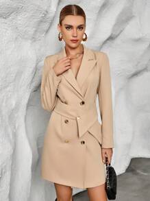 SHEIN Essnce Cổ áo Đôi ngực Chi tiết về Flap Váy blazer - Màu Khaki - Xem 3