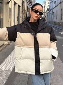 DAZY Abrigo de color combinado de hombros caídos con capucha fumador grueso bolsillos - Multicolor - Ver 3