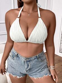 SHEIN Swim Curve Talla grande Top bikini halter vinculado con aro de espalda abierta con cordón - Beis - Ver 3