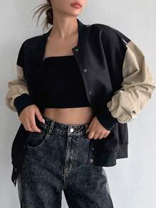 DAZY Two Tone Drop Shoulder Bomber Jacket - Black - View 1