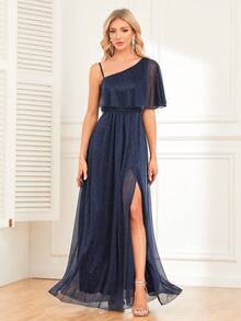 不對稱領高衩舞會洋裝 - 藏蓝色 - 查看 4