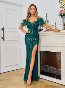 Cold Shoulder Fuzzy Trim Split Thigh Sequin Formal Dress - Green - View 1