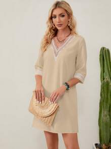 SHEIN LUNE Guipure Lace Insert Tunic Dress - Apricot - View 6