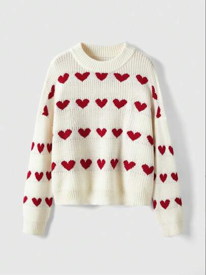 Kawaii Heart Pattern Drop Shoulder Sweater,Long Sleeve Tops