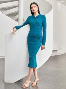 Seusyu Polo Neck Sweater & Knit Skirt 2 Piece Set - Blue - View 5