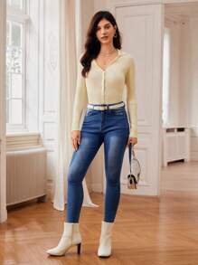 SHEIN Frenchy Solid Ribbed Knit Button Front Cardigan Winter Casual - Beige - View 5